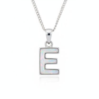 Initial Letter Mini 925 Silver Memorial Pendant with white pearl opal resin inside letter — white background
