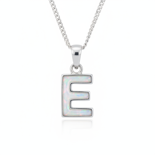 Initial Letter Mini 925 Silver Memorial Pendant with white pearl opal resin inside letter — white background