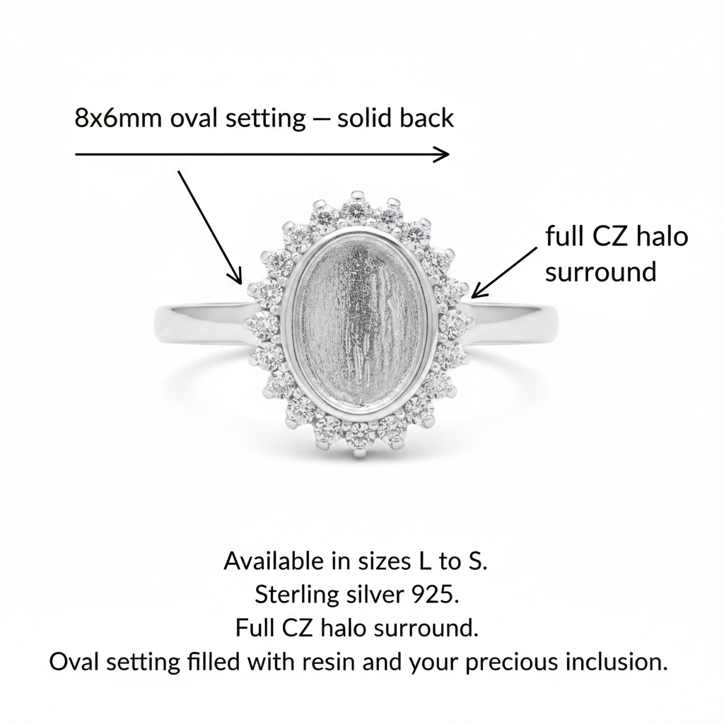 Silver 925 oval CZ halo memorial ring dimensions guide — 8x6mm oval solid back setting, full CZ halo surround, sizes L to S