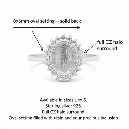 Silver 925 oval CZ halo memorial ring dimensions guide — 8x6mm oval solid back setting, full CZ halo surround, sizes L to S