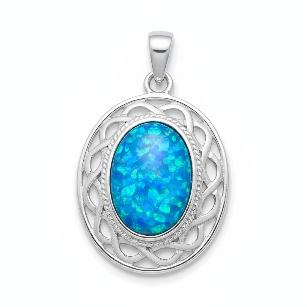 Silver 925 Celtic oval memorial pendant with blue opal flakes, white background