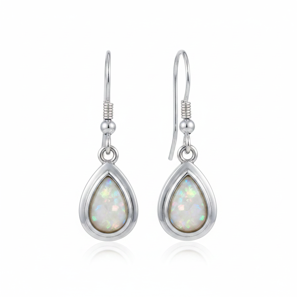 Silver 925 dainty teardrop drop earrings - white pearl opal resin