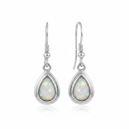 Silver 925 dainty teardrop drop earrings - white pearl opal resin