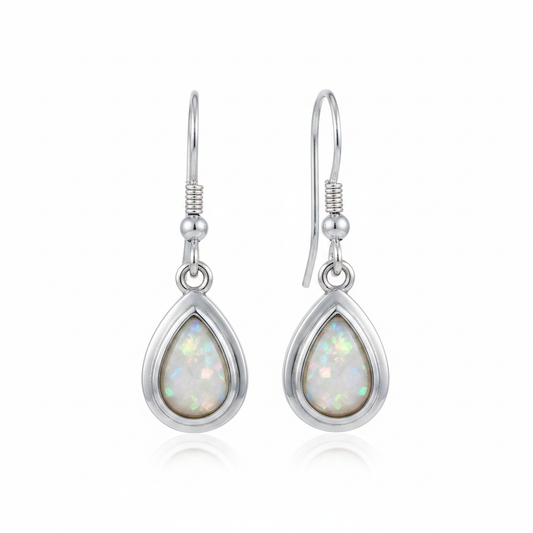 Silver 925 dainty teardrop drop earrings - white pearl opal resin