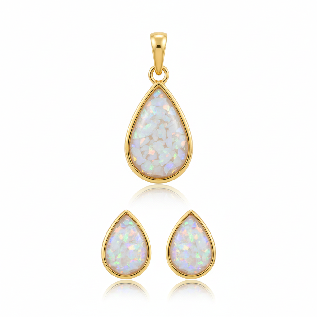 Gold teardrop pendant and pear stud earrings set with white opal
