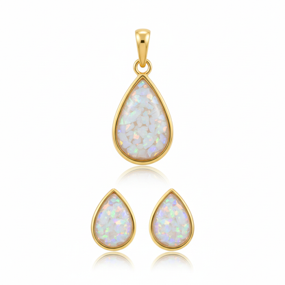 Gold teardrop pendant and pear stud earrings set with white opal