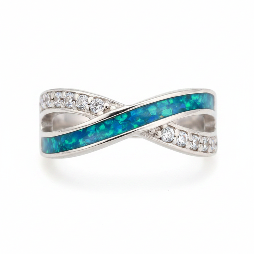 Infinity wave CZ 925 silver ring with blue teal opal resin front view on white background