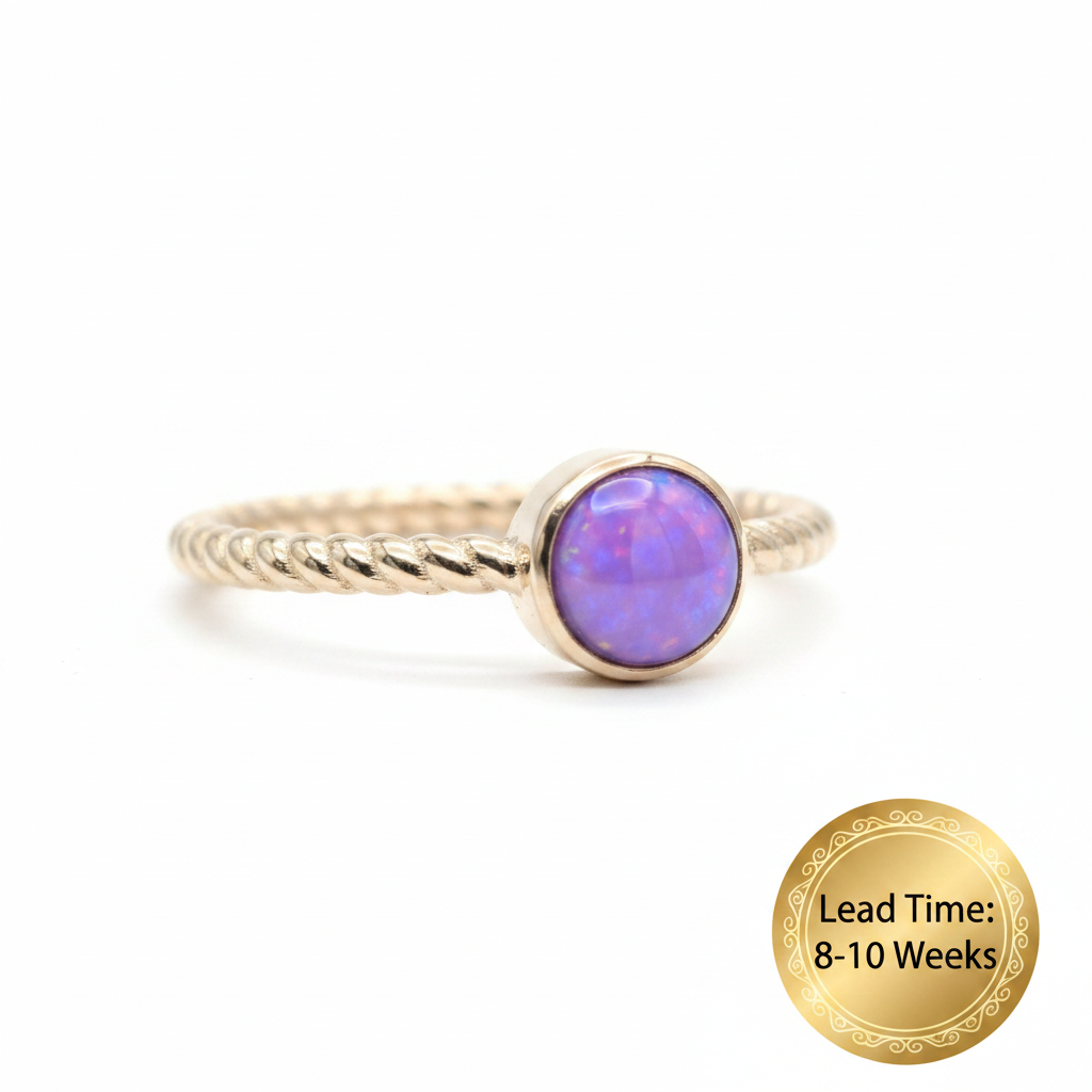 9ct gold single twist round ring with lavender opal resin in round bezel, white background, lead time 8-10 weeks sticker