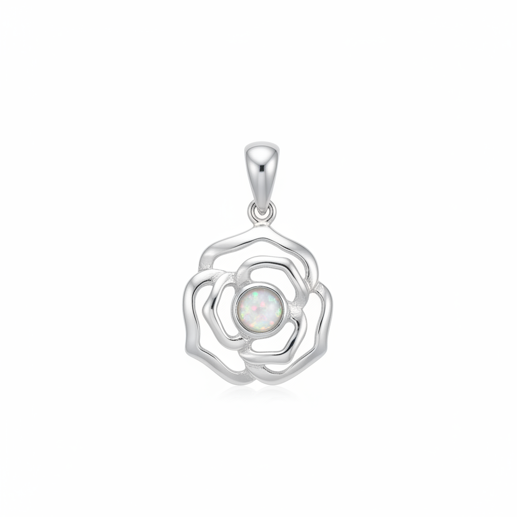 Silver 925 rose memorial pendant with white opal and mica, white background