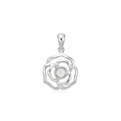 Silver 925 rose memorial pendant with white opal and mica, white background