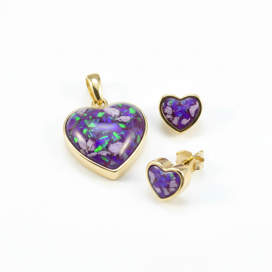 Gold heart memorial set with lavender opal — pendant and earrings