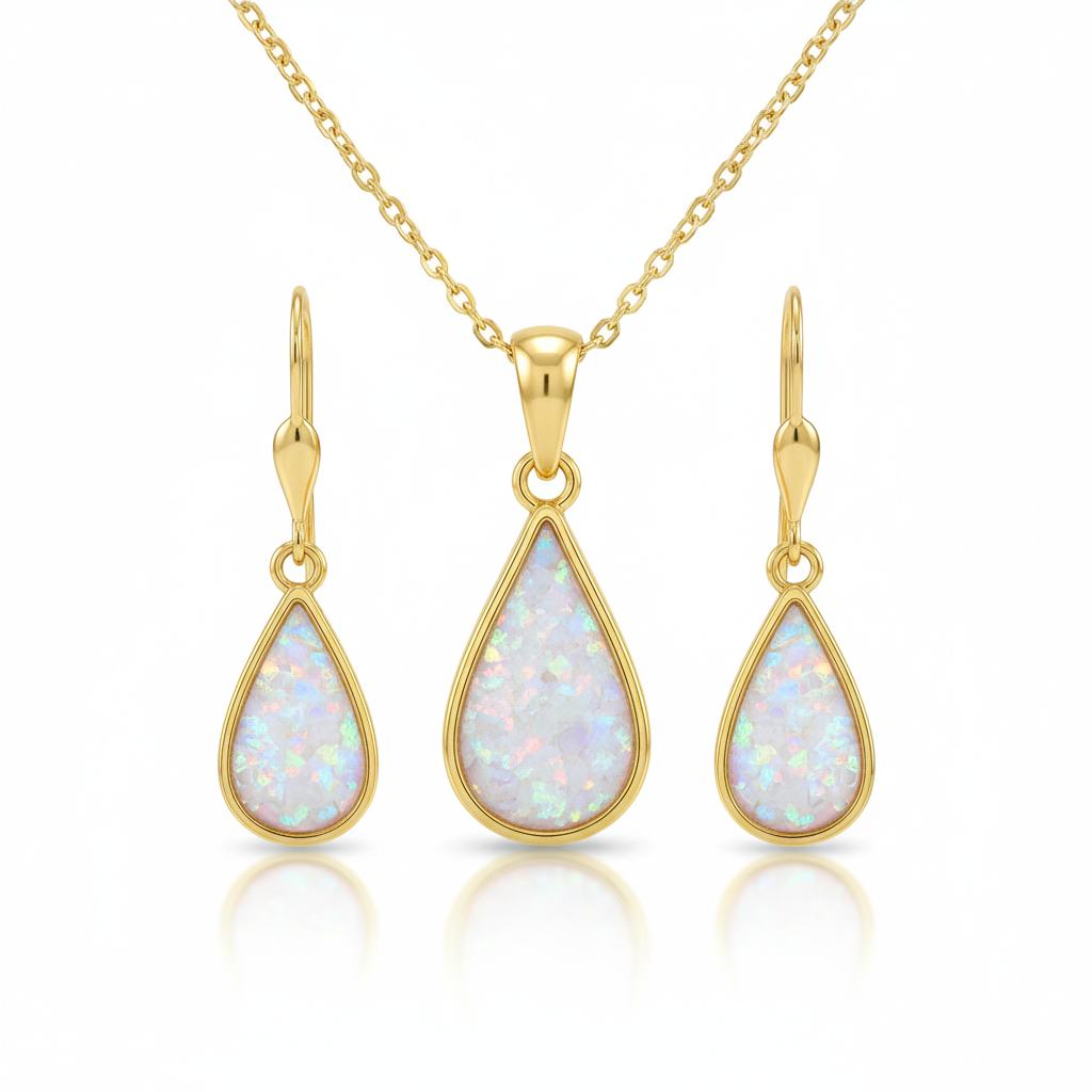 9ct gold teardrop memorial jewellery set with white pearl iridescent opal flakes – full set flat-lay white background