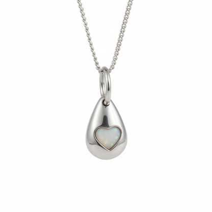 3D Pebble Solid Heart 925 Silver Memorial Pendant with white pearl opal resin in heart bezel — white background