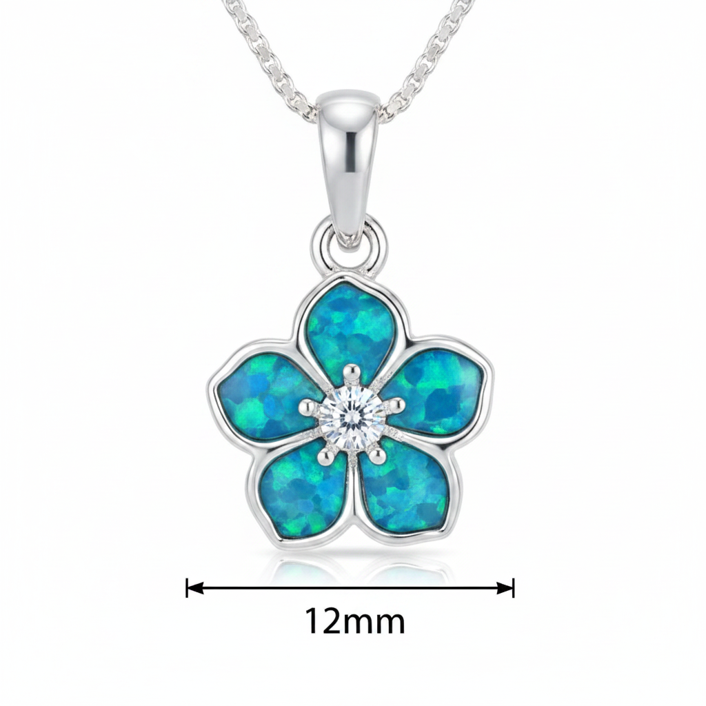 Forget me not silver pendant dimensions guide showing 12mm widest point