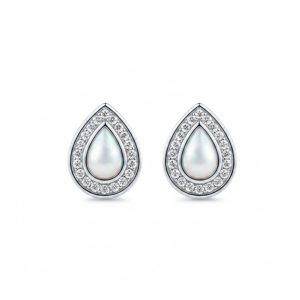Silver 925 pear CZ halo stud earrings — white pearl opal resin, white background
