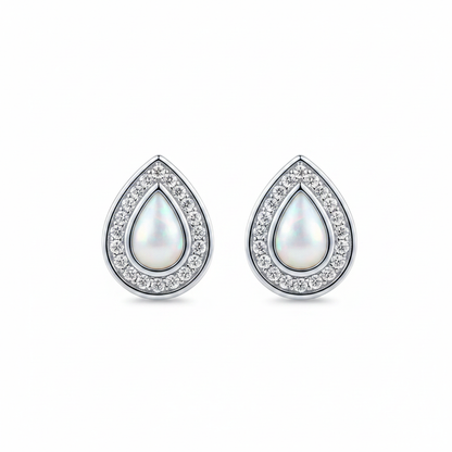 Silver 925 pear CZ halo stud earrings — white pearl opal resin, white background