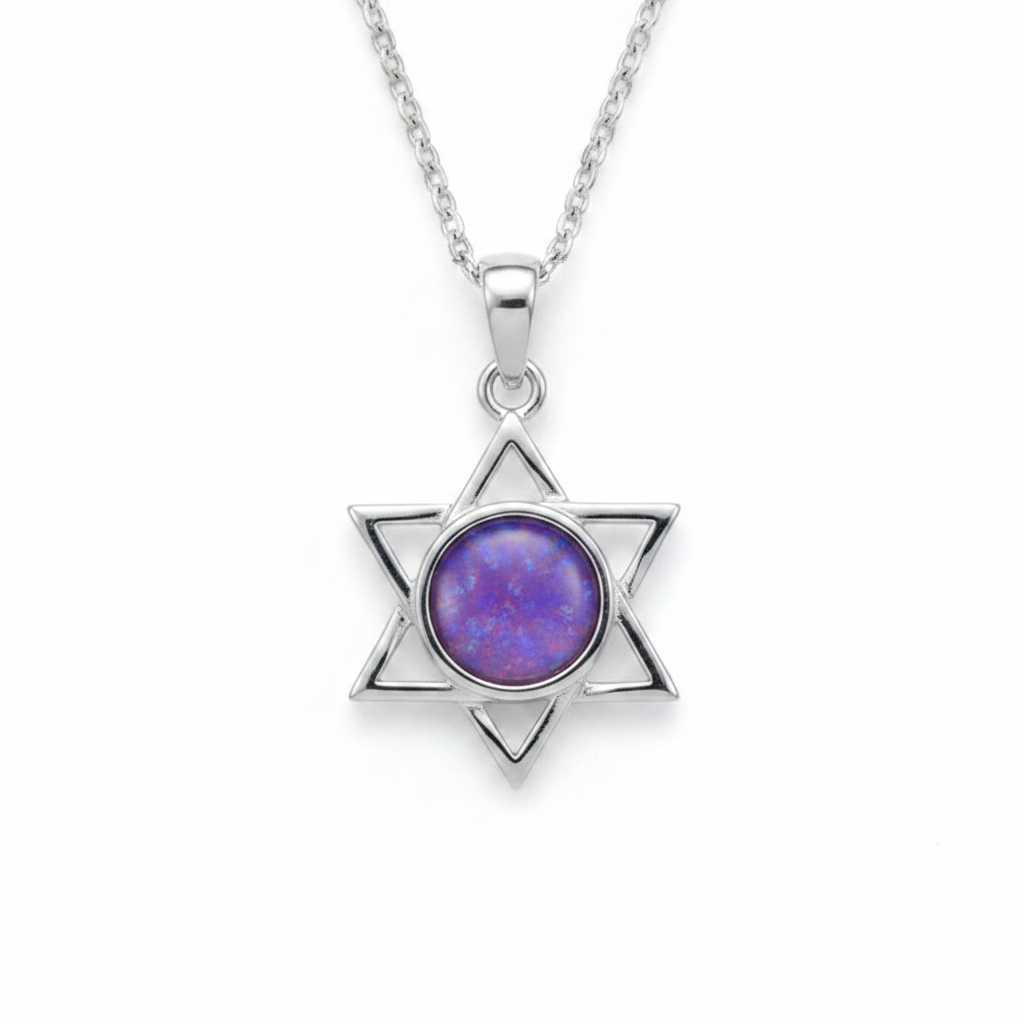 Silver 925 six-pointed star memorial pendant — lavender purple opal flakes resin in 6mm round centre setting