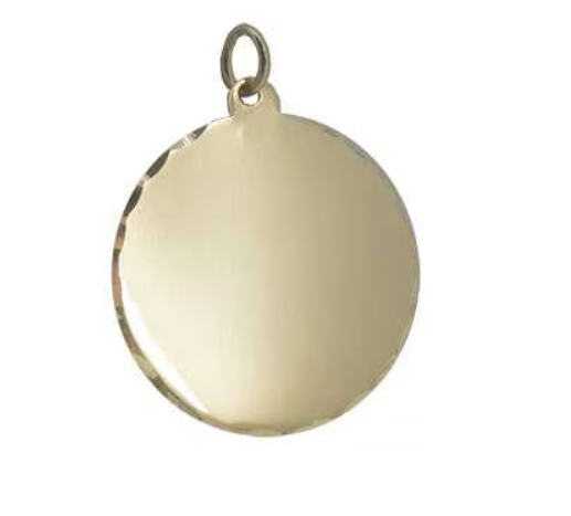 Original unengraved 9ct gold round disc showing the subtly faceted scalloped edge