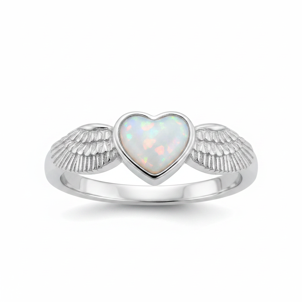 Angel Wing Heart 925 Silver Ring with white pearl opal resin memorial setting — white background