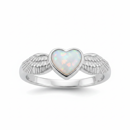 Angel Wing Heart 925 Silver Ring with white pearl opal resin memorial setting — white background