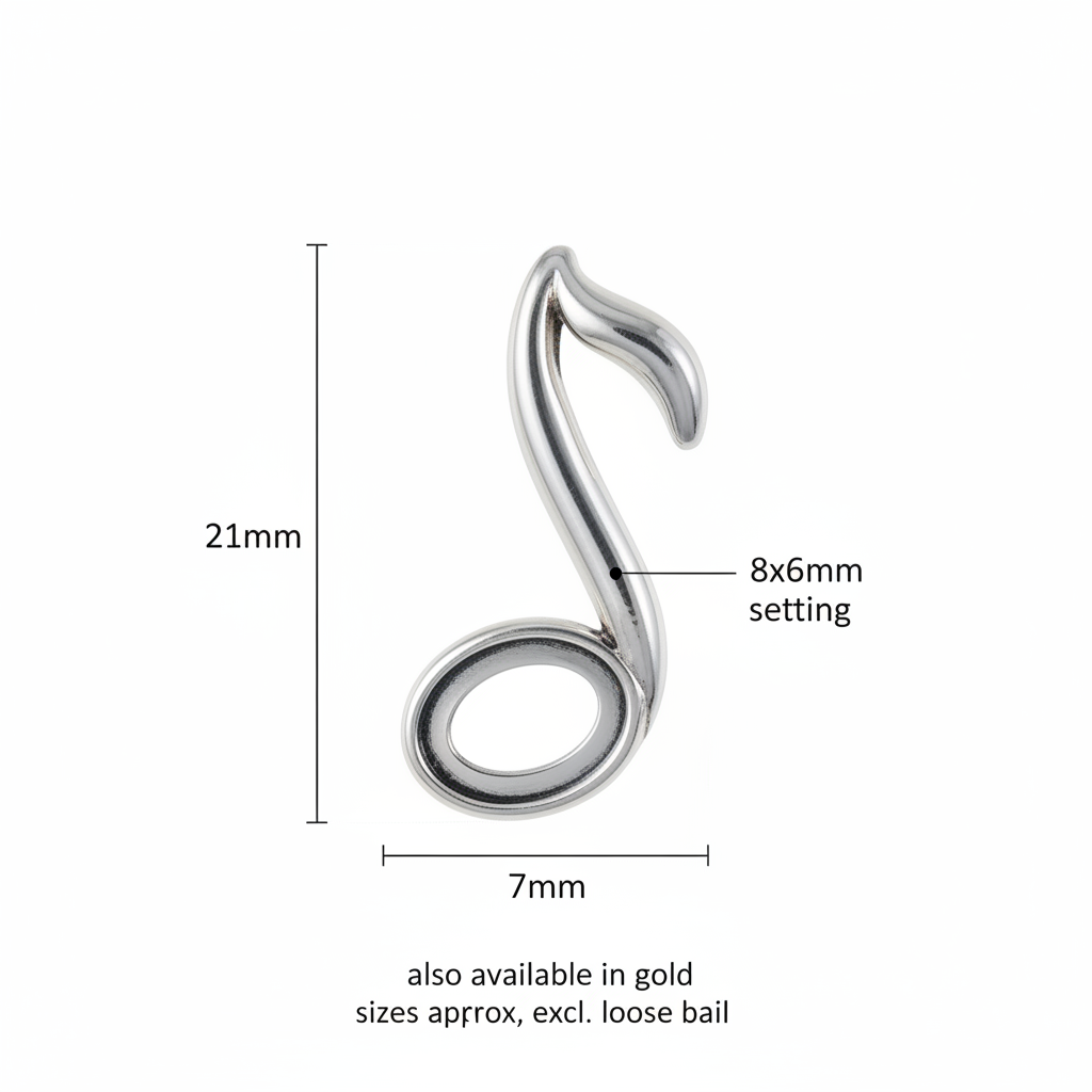 Silver 925 quaver music note memorial pendant dimensions — 21x7mm, 8x6mm oval setting