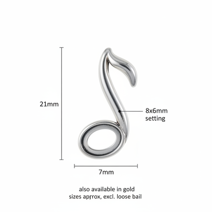 Silver 925 quaver music note memorial pendant dimensions — 21x7mm, 8x6mm oval setting