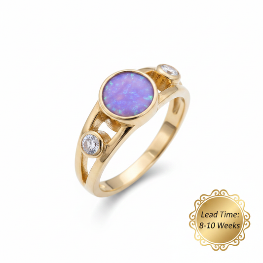 9ct gold double split shank ring with lavender opal resin centre, white background, lead time 8-10 weeks sticker