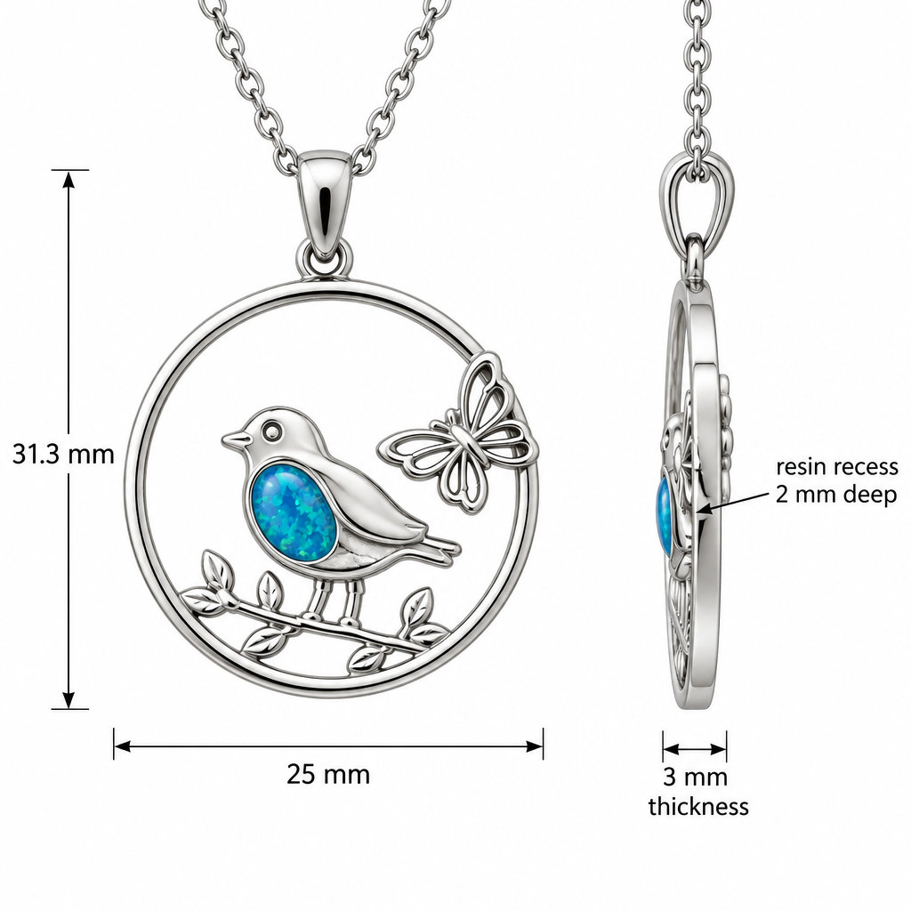 Dimensions guide for the robin and butterfly memorial pendant