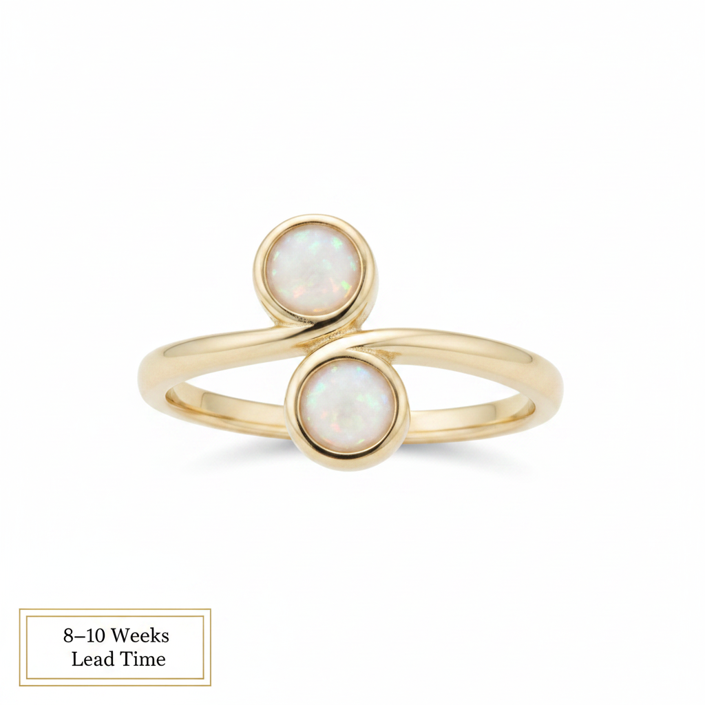 9ct Gold Swirl Duo Bezel Ring — white pearl opal resin, white background