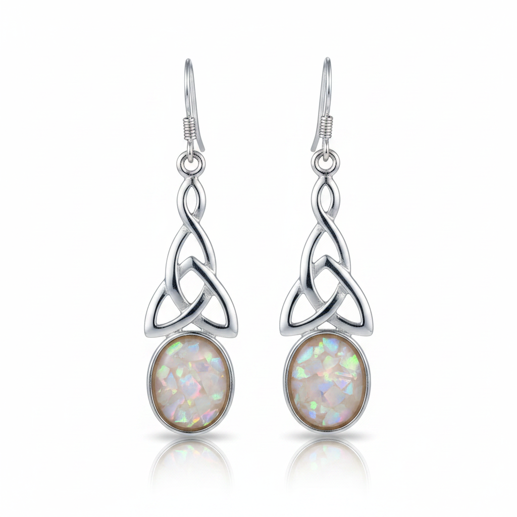 Silver 925 Celtic triquetra drop earrings - white pearl opal resin
