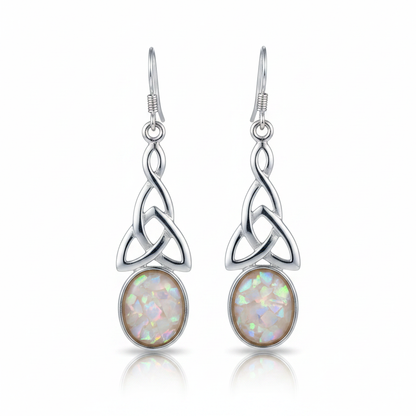 Silver 925 Celtic triquetra drop earrings - white pearl opal resin