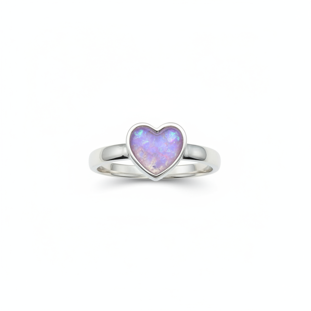 925 sterling silver plain heart memorial ring with lavender purple opal resin filling heart bezel on white background