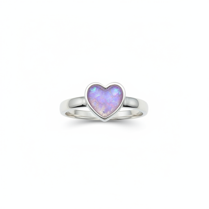 925 sterling silver plain heart memorial ring with lavender purple opal resin filling heart bezel on white background