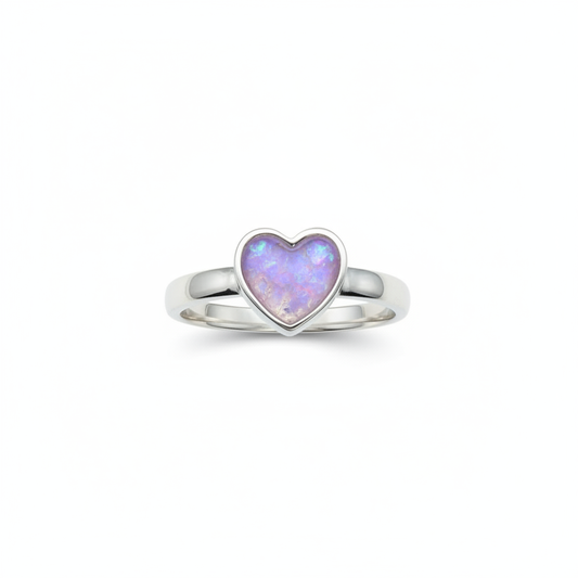 925 sterling silver plain heart memorial ring with lavender purple opal resin filling heart bezel on white background