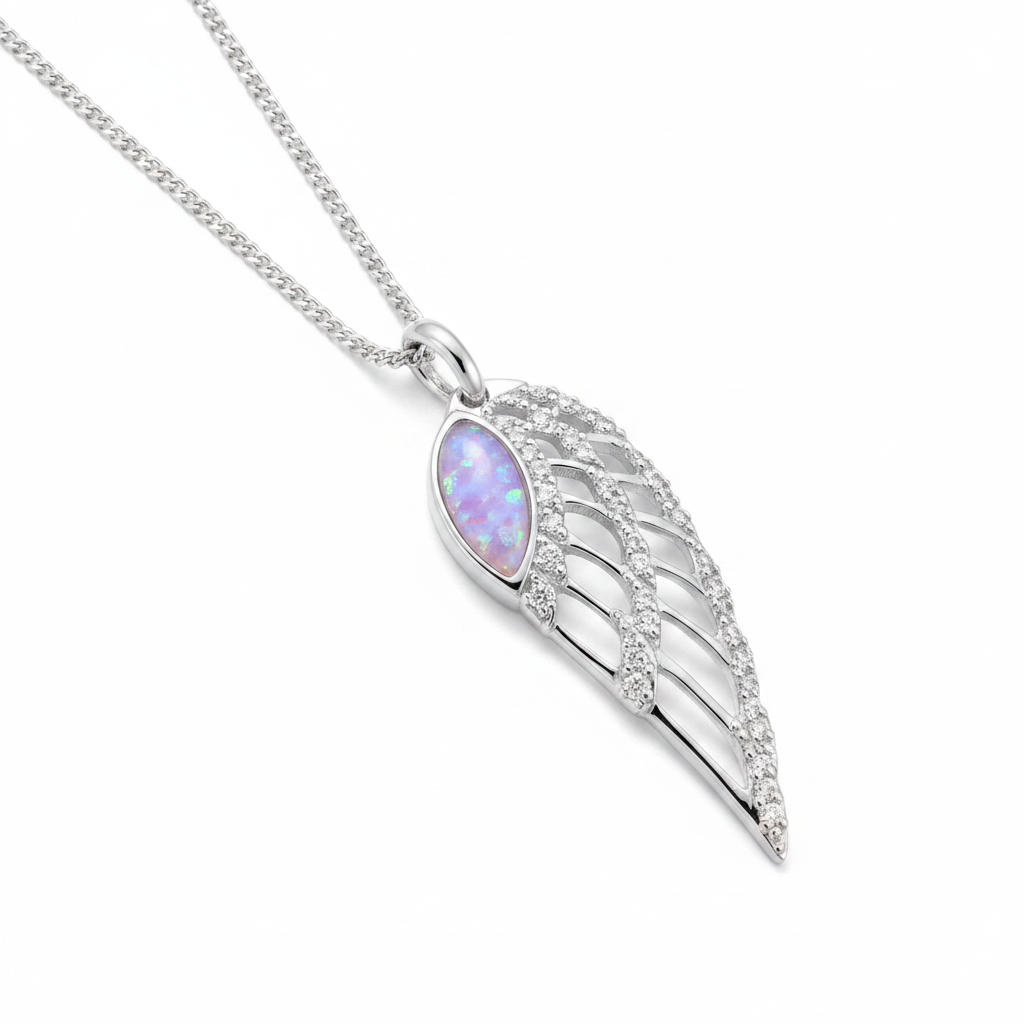 Angel Wing CZ Pendant Necklace 925 Sterling Silver with lavender purple opal flake inclusion on silver chain