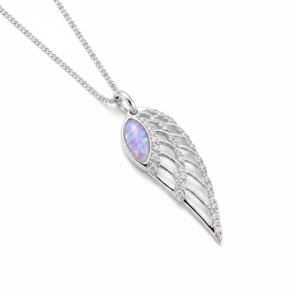 Angel Wing CZ Pendant Necklace 925 Sterling Silver with lavender purple opal flake inclusion on silver chain