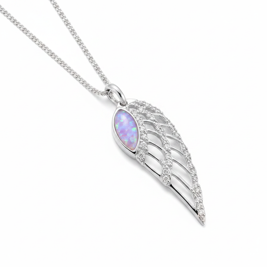 Angel Wing CZ Pendant Necklace 925 Sterling Silver with lavender purple opal flake inclusion on silver chain