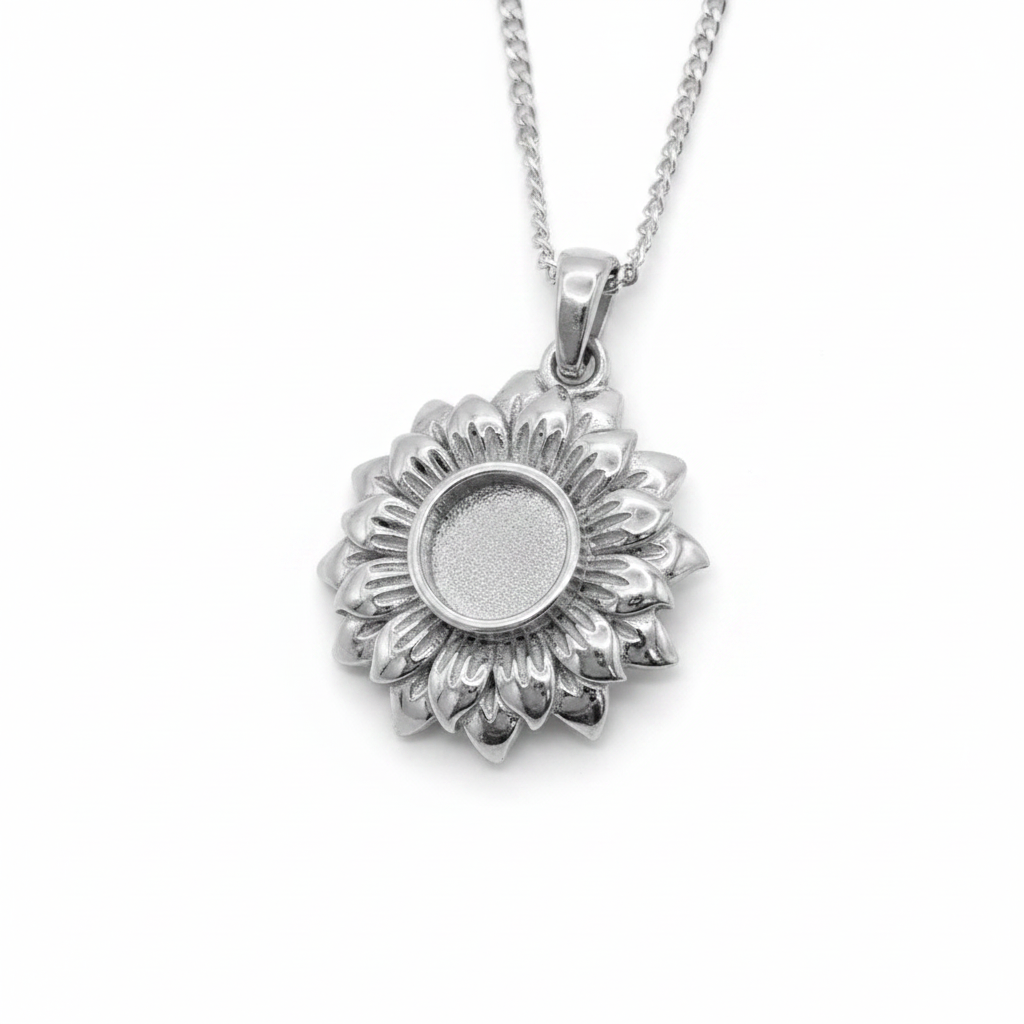 Realistic Sunflower 925 Silver Memorial Pendant — plain silver centre on white background