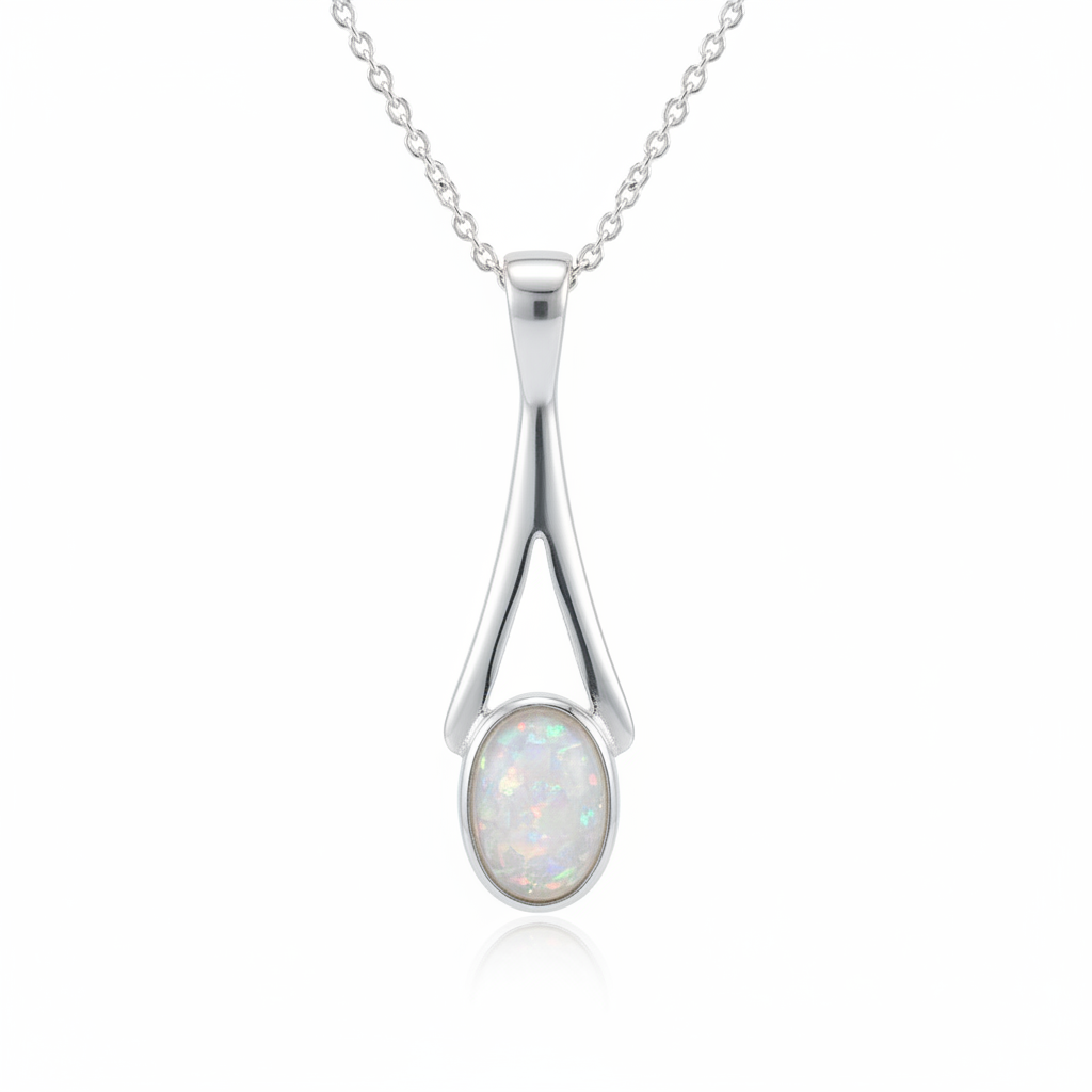 Silver 925 wishbone split teardrop memorial pendant with white opal and mica, white background