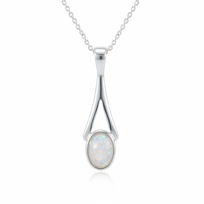 Silver 925 wishbone split teardrop memorial pendant with white opal and mica, white background