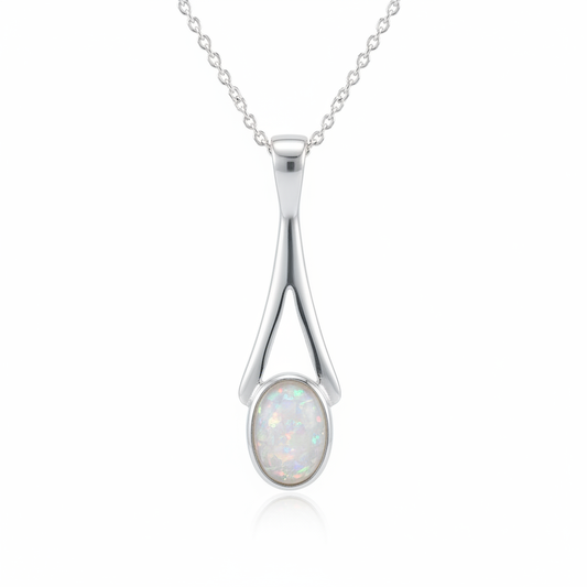 Silver 925 wishbone split teardrop memorial pendant with white opal and mica, white background