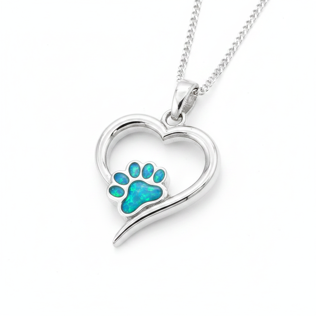 Pawprint hollow heart silver pendant with blue teal opal resin in paw print, white background