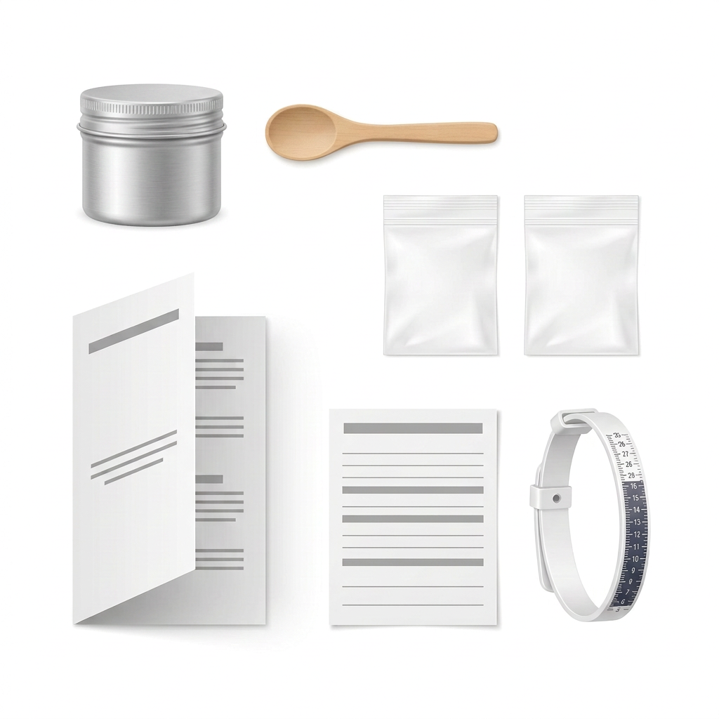Illustrative inclusion collection kit with a small aluminium pot and adjustable ring sizing tool on white.