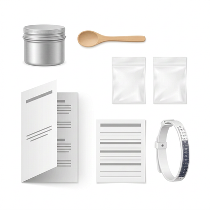 Illustrative inclusion collection kit with a small aluminium pot and adjustable ring sizing tool on white.