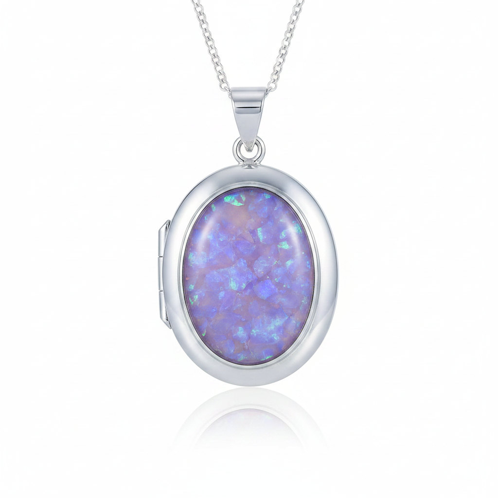 Silver 925 oval hinged locket with lavender purple opal resin in 18x13mm setting on white background