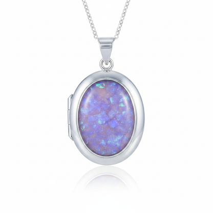 Silver 925 oval hinged locket with lavender purple opal resin in 18x13mm setting on white background