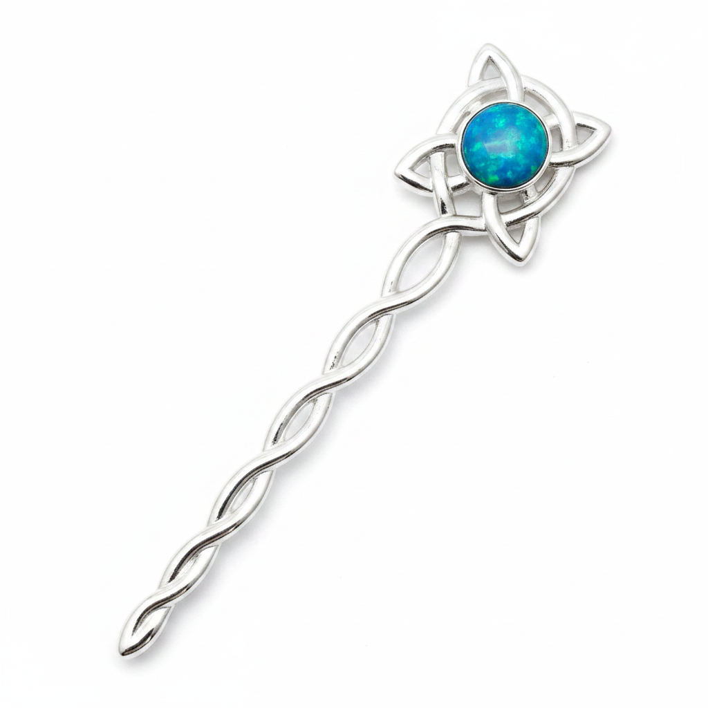 Celtic Kilt Pin 925 Silver with blue teal opal cabochon — pure white background
