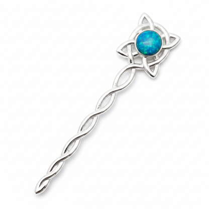 Celtic Kilt Pin 925 Silver with blue teal opal cabochon — pure white background