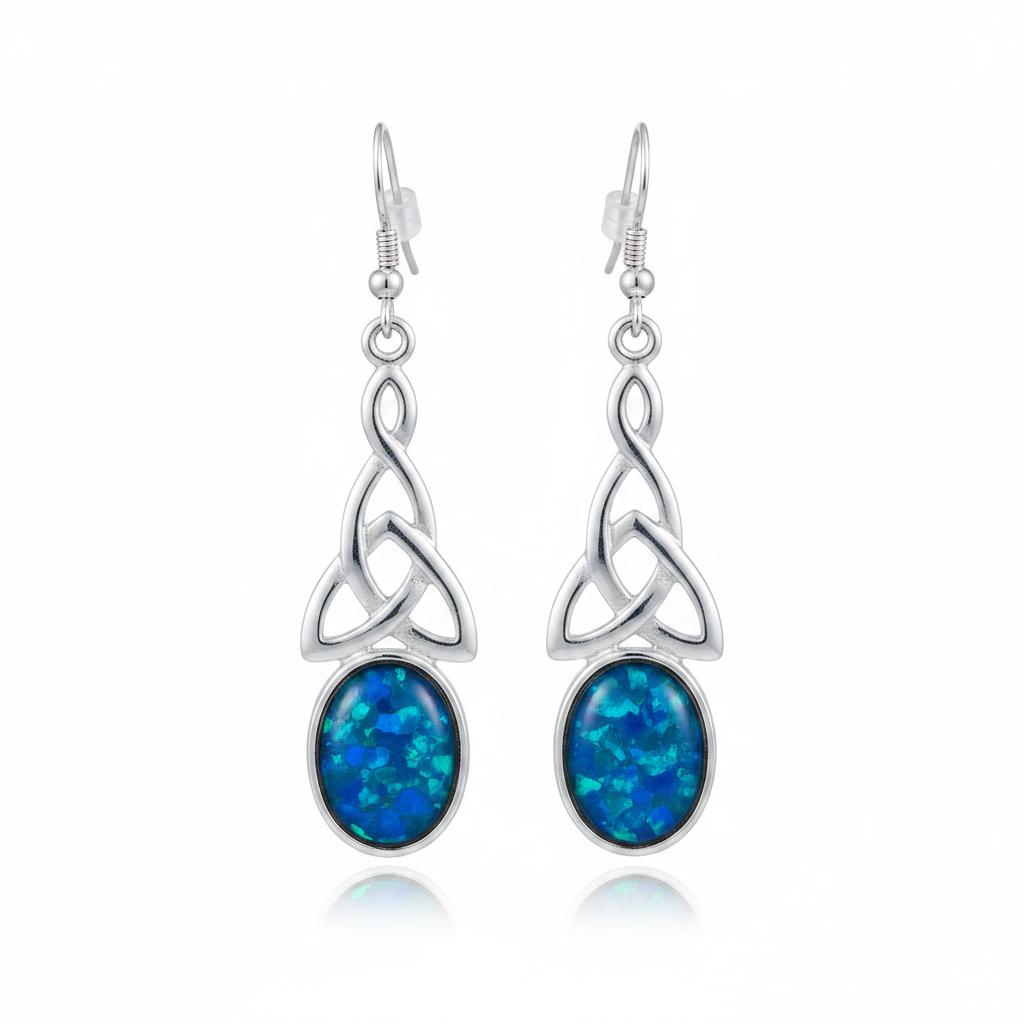 Silver 925 Celtic triquetra drop earrings - blue teal opal resin
