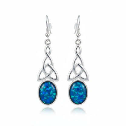 Silver 925 Celtic triquetra drop earrings - blue teal opal resin